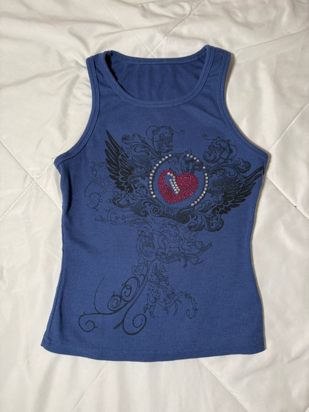 Blue Ribbed Tank with Heart & Wing Embellished Graphic